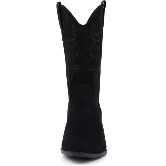 Women Black Suede Mid Calf Chunky Block Heel Western Embroidered Cowgirl Boot - Picture 3 of 7